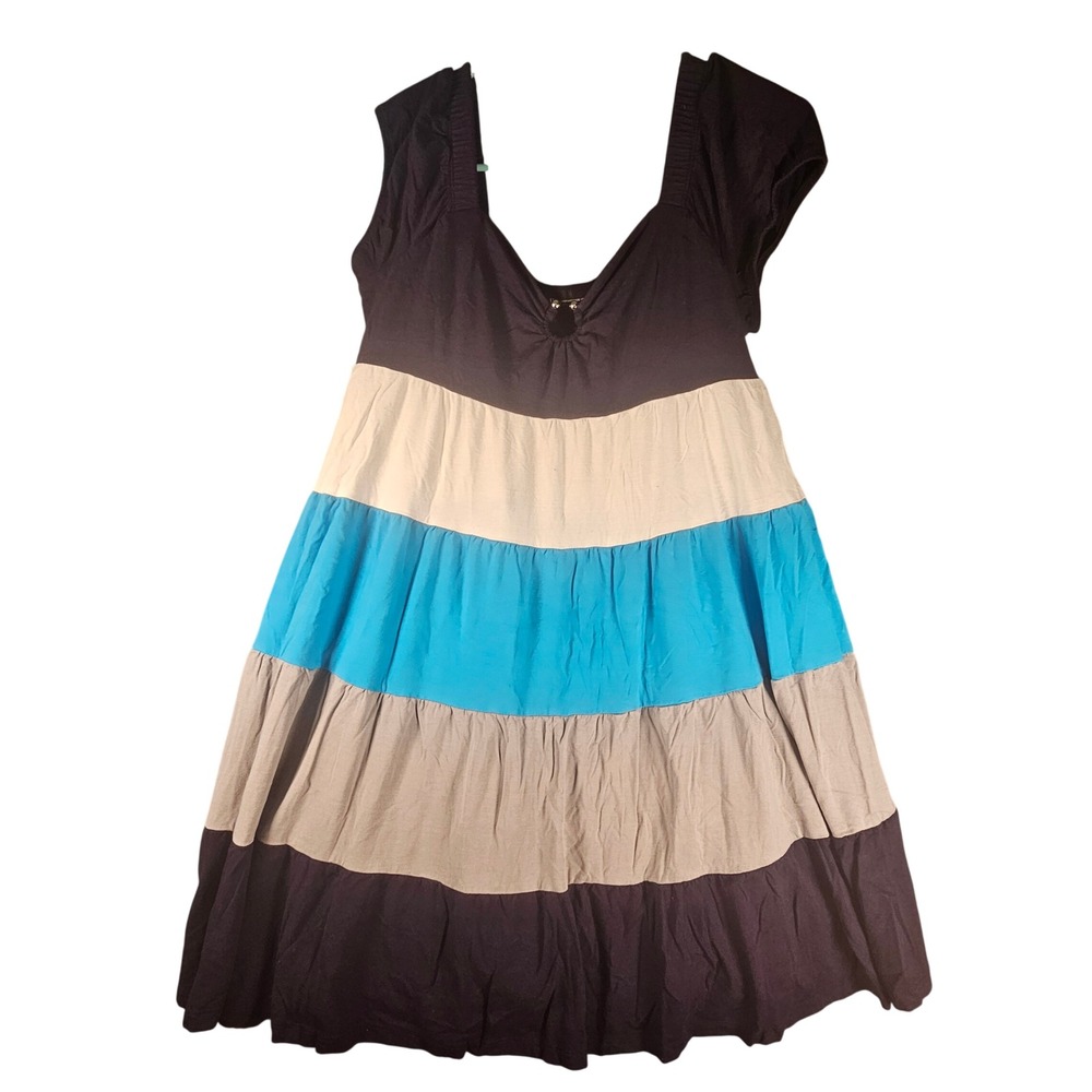 INC International Concepts Petite Tiered Colorblock Keyhole Dress Navy Blue L